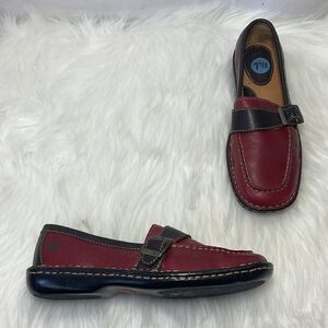 Born Red Leather/Brown Trim Slip On Buckle Trim Loafers Sz 7.5